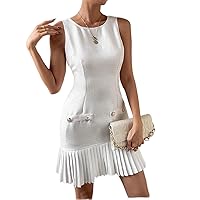 Solid Pleated Hem Dress - Elegant Sleeveless Tank Dress with Button, Pleated, and Zipper Details