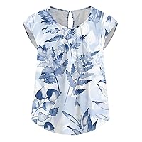 Woman Tops Peplum Tops for Women 2024 Summer Casual Fashion Print Bohemian Loose Fit with Short Sleeve Round Neck Shirts Light Blue Small