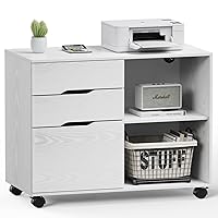 DUMOS File Cabinet 3 Drawer - Storage Filing Cabinets Office Drawers White Printer Stand Lateral Mobile Under Desk Organizer Wooden with Wheels Adjustable Shelves for Home, Room, Small Spaces, White
