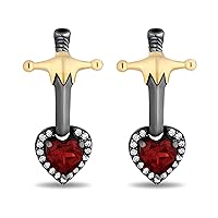 Enchanted Disney Fine Jewelry Black Rhodium and 14K Yellow Gold over Sterling Silver with 1/8 CTTW Black and White Diamond with Red Garnet Evil Queen Earrings, Metal, Garnet