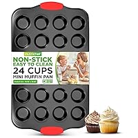 NutriChef 24-Cup Nonstick Mini Muffin Pan with Red Silicone Handles - Carbon Steel Bakeware Tray for Savory & Sweet Treats - Dishwasher Safe, Black