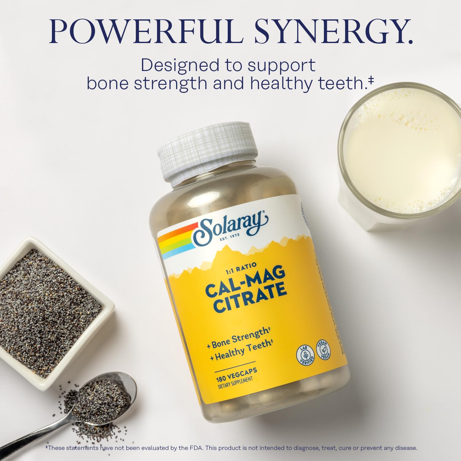 Solaray Calcium Magnesium Citrate 1:1 Ratio, Healthy Bones, Teeth, Muscle & Nervous System Support, 30 Serv, 180 VegCaps