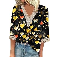 Valentines Shirts for Women 3/4 Sleeve V Neck Tops Shirts Heart Valentine Button Down Shirts for Women DC03