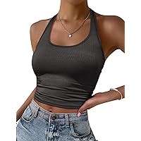 Ekouaer Women Halter Top Backless Scroop Neck Slim Stretchy Ribbed Knit Camisole Crop Tops S-XXL