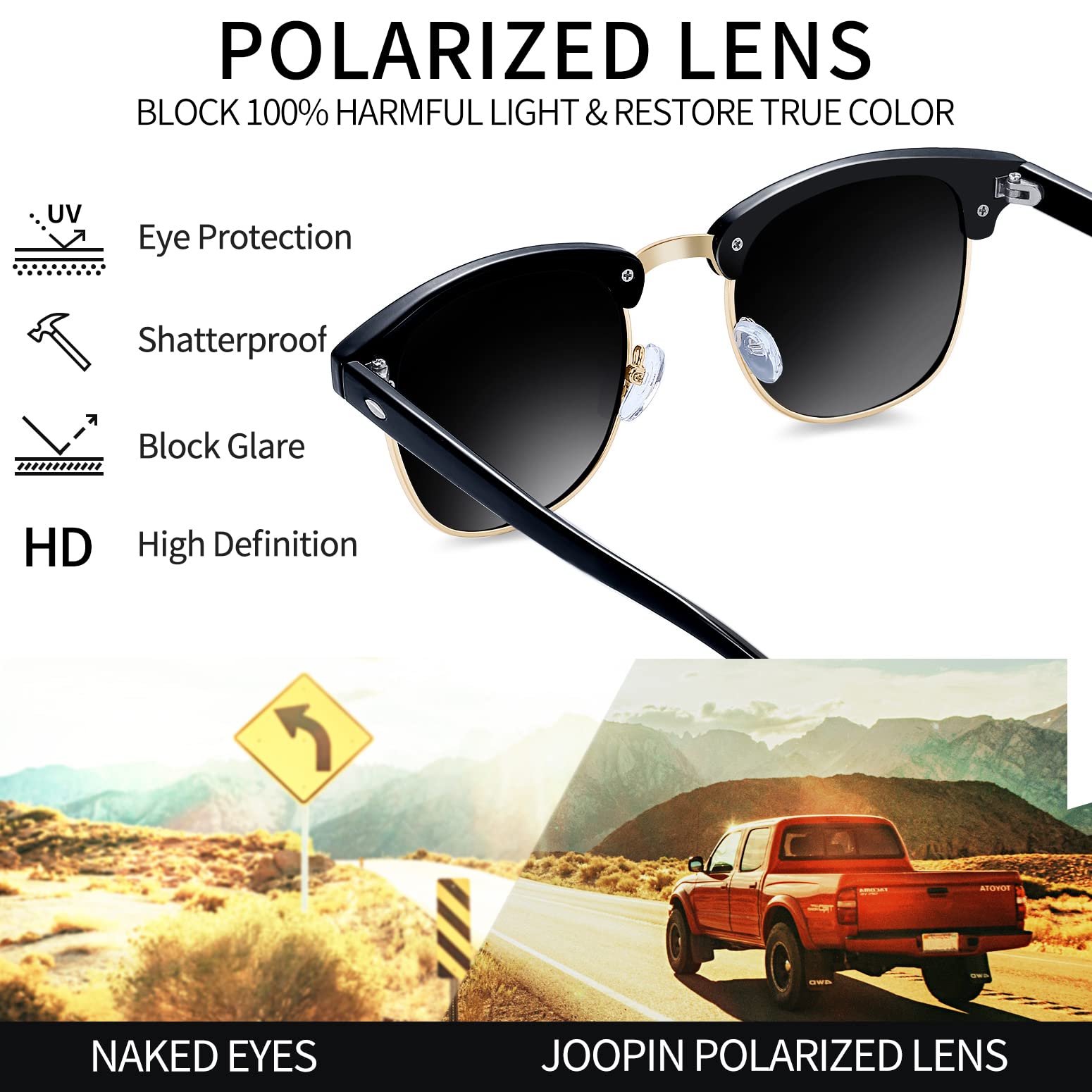 Joopin Polarized Semi Rimless Sunglasses Men Women, Classic Half Frame Sun Glasses UV Protection
