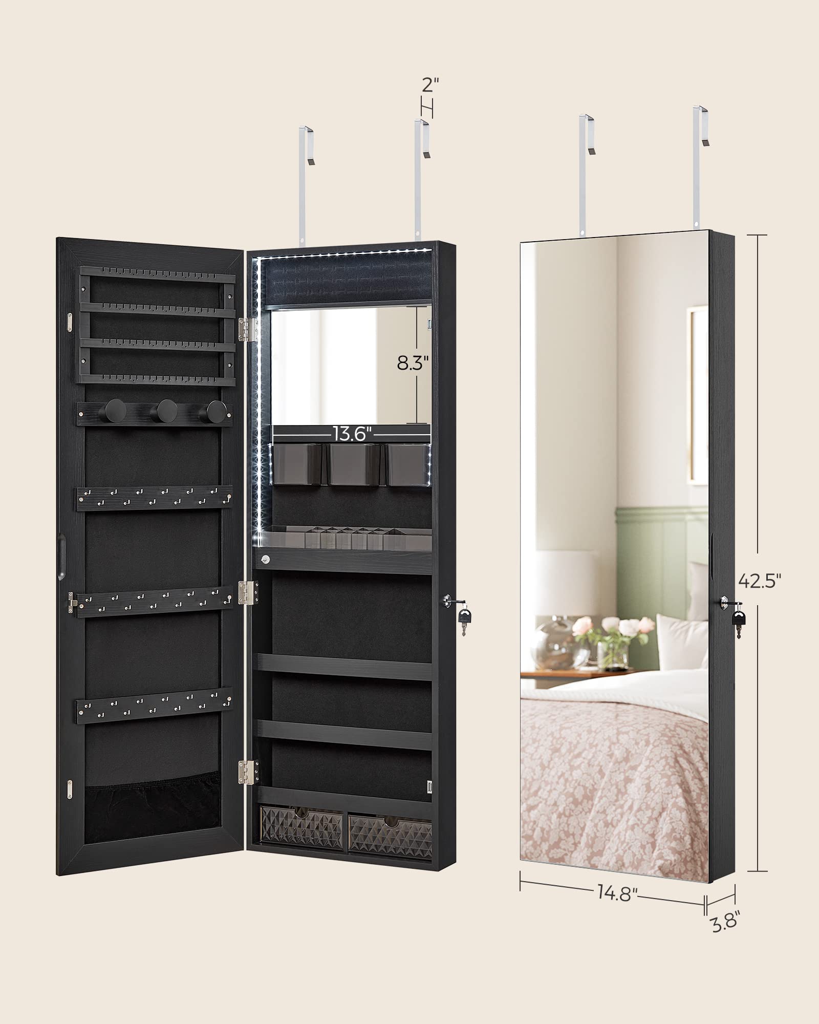 SONGMICS Jewelry Cabinet Armoire Organizer with LED Lights, Wall-Mounted Storage Cabinet with Full-Length Frameless Mirror, Built-in Makeup Mirror, 2 Drawers, Lockable, Black UJJC013B01