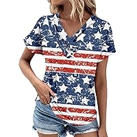 4Th of July Tops for Women,Summer Tops Independence Day Print V-Neck Short Sleeve Button Plus Size Tshirts