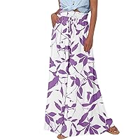 Wide Leg Pants Woman Casual High Waist Long Palazzo Pants Summer Floral Drawstring Loose Beach Trousers with Pocket