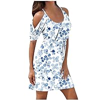 Women Cold Shoulder Dress Floral Print Sundress Sling T-Shirt Dress Loose Casual Midi Dress Preppy Cute Summer Dresses
