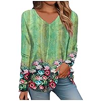 Blouses for Women Dressy Casual,Long Sleeve Tops for Women V Neck Printed Fashion Summer Y2K Blouse Casual Loose Fit Oversized Tunic T Shirts Blouses for Women Dressy Casual