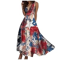 XJYIOEWT Red Prom Dress,Women's Fashion Spring and USA Printed Sleeveless V Neck Side Zipper Style Dress (1) Sundresses