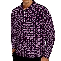 Breast Cancer Pink Ribbon Men's Polo Shirt Long Sleeve Golf Shirt Sport Shirts for Casual Work Fishing