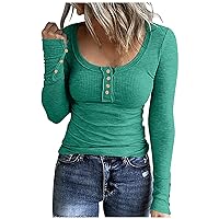 Cute Fall Outfits for Women Button Down Scoop Neck Long Sleeve Fall Fashion Women Classic Ribbed Tops for Women