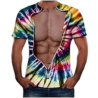 Men's Short Sleeve Tops Summer Basic Tie Dye Fake Muscle T-Shirt Casual Loose Round Neck Hippie Shirt Tees