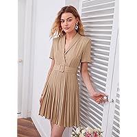 Women's Dress Shawl Collar Pleated Belted Dress (Color : Khaki, Size : Small)