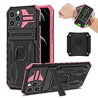 ZORSOME for iPhone 13 Pro Max Heavy Duty Shockproof Satnd Case,Sports Armband Case for iPhone 13 Pro Max,with 360° Rotatable & Detachable Wristband,Pink
