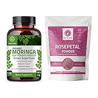 Organic Moringa Capsules 120 Capsules 1000mg and Rose Petal Powder 227g | Rose Petal Flower Powder 8 oz |