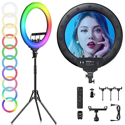 Ring Light with Tripod Stand,18 inch Ring Light with Stand with 49 Lighting Effect and Phone Holder,Selfie Ring Light for Camera Tiktok Photography Live