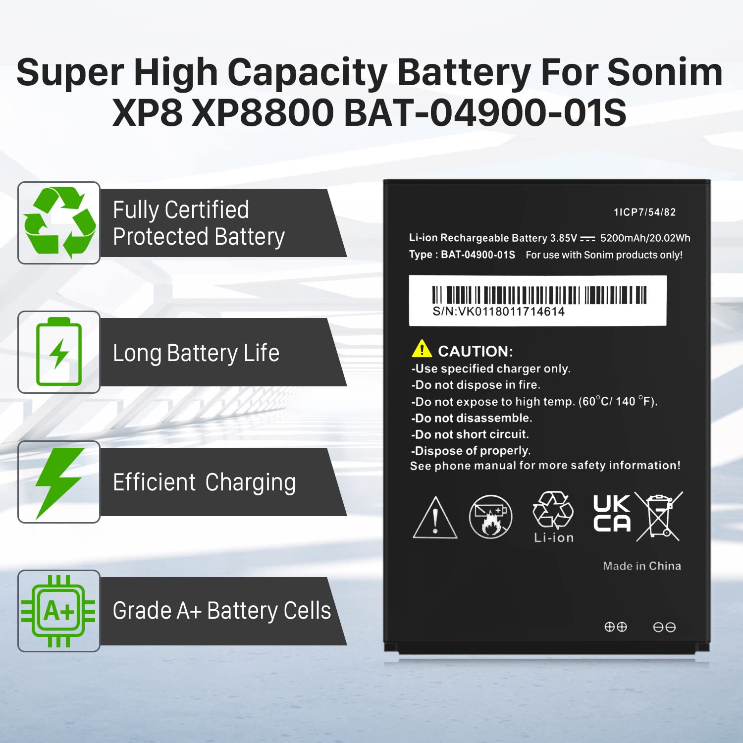JDIRLDL Battery for sonim xp8, Upgraded High 5200mah Capacity Li-ion Polymer Replacement Battery for Sonim XP8 XP8800 BAT-04900-01S Battery Replacement