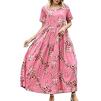 YESNO Women Casual Loose Bohemian Floral Dress with Pockets Short Sleeve Long Maxi Dress