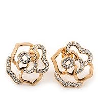 Gold Plated Diamante 'Bella Rosa' Rose Stud Earrings - 1.5cm
