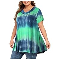 V Neck Shirts for Women Fall Summer Short Sleeve Long Plus Size Tie Dye Tops Shirt Blouse Women 2024