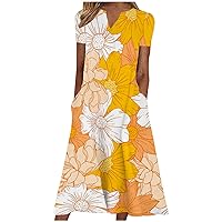Women's Bohemian Floral Print Maxi Dresses with Pockets Short Sleeve V Neck Flowy Casual Loose Summer Dress for Women