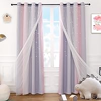 Anjee Pink Curtains for Girls Double Layer 2 in 1 Star Cutout Design Light Blocking Grommets Top Ombre Drape with Voile Sheer for Kids Bedroom Living Room 2 Panels in 52 x 95 inch, Pink and Grey