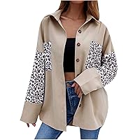 Wirziis Womens Fall Winter Long Sleeve Shackets Jacket Fashion Leopard Print Button Down V-Neck Pockets Shirts Coats