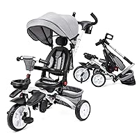Baby Tricycle, 7 in 1 Folding Toddler Bike w/Removable Adjustable Push Handle, Canopy, Rotatable Seat, Safety Harness, Cup Holder & Storage, Trike for 1-5 Year Old, Tricycle for Toddlers