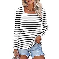 Women's Long Sleeve Shirts Striped Square Neck Tops Casual Tees Shirts Basic Blouses