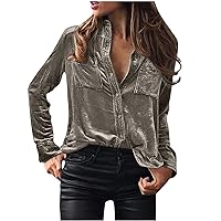 Women Lapel Long Sleeve Solid Velvet Shirts Sping Button Down Casual T-Shirts Elegant Fitted Office Work Blouses