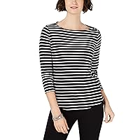 Karen Scott Three-Quarter-Sleeve Cotton Top Black & White Stripe S