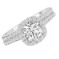 1 Carat Halo Moissanite Engagement Ring Set With 0.60ct Natural Diamond Side Stones - 6.5mm Moissanite Bridal Set With D-F Color and VVS1 Clarity - Packed in a Wooden Jewelry Box