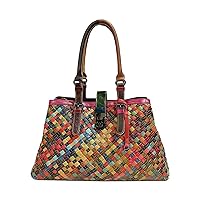 Genuine Leather Handbags for Women Fashion Hand Woven Large Capacity Multicolour Satchel Retro Work Tote Shoulder Bags