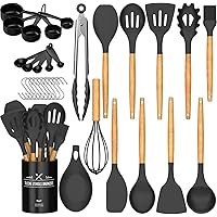 Kitchen Cooking Utensils Set, 33 pcs Non-Stick Utensils Spatula Set with Holder, Black Wooden Handle Silicone Kitchen Gadgets