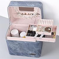 Large Capacity Makeup Bag Multi-layer Women Cosmetic Case PU Leather Female Make Up Box Jewelry Storage Case,Cosmetic Case Storage Bag (Color : Pink Denim Pattern)