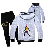 CR7 Novelty Hooded Outfit Full Zip Lightweight Tracksuit,Kids Ronaldo Jacket and Jogger Pants 2Pcs Set(5-14Y)