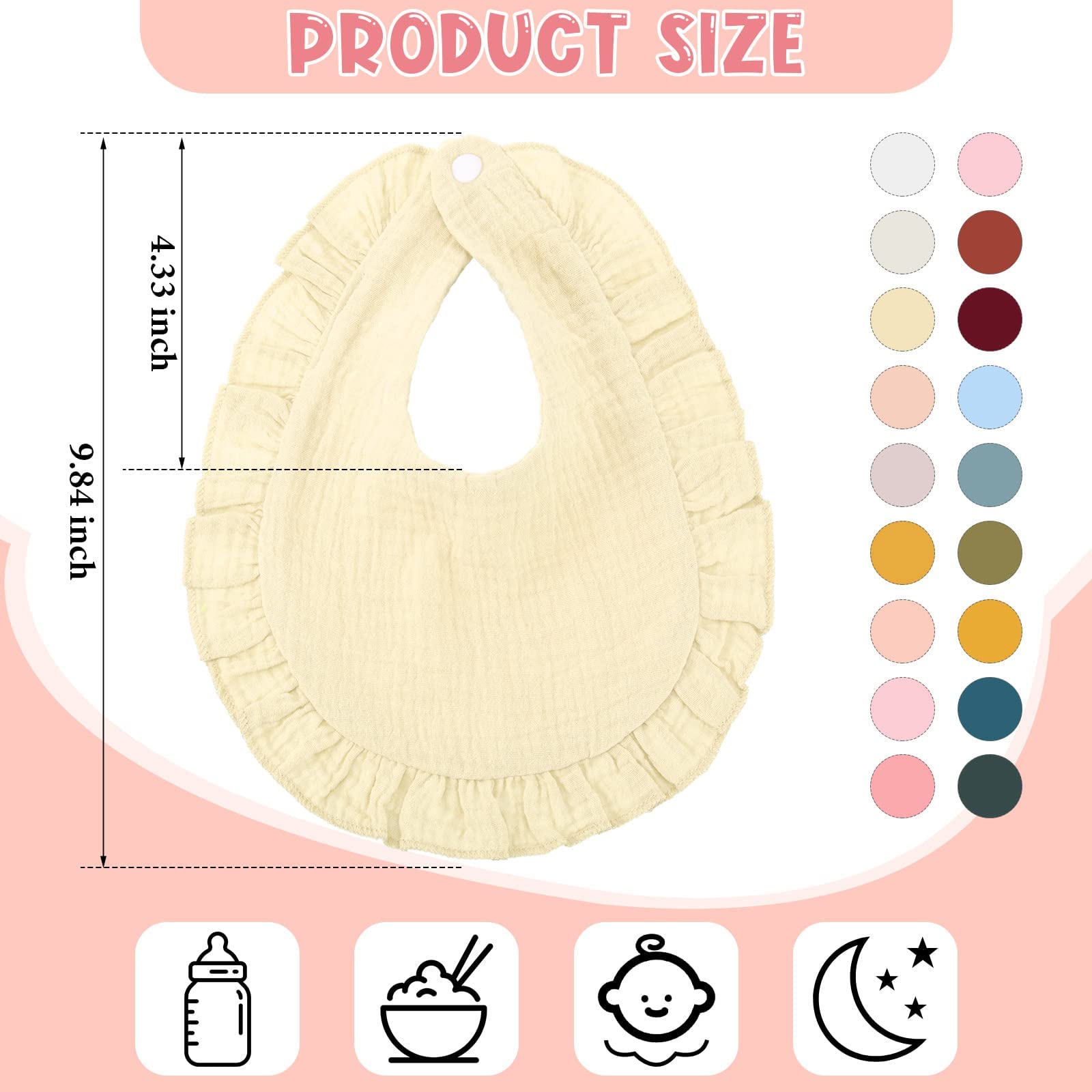 18 Pcs Muslin Baby Bibs Bulk Baby Bandana Drool Bibs Cute Ruffle Bibs Absorbent Cotton Teething Bibs Adjustable Burp Bibs with Snap Button for Baby Boys Girls Toddler Infant, 16 Colors