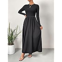 Dresses for Women Solid A-line Dress (Color : Black, Size : Large)
