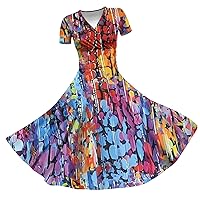 Overstock Deals Flowy Dresses for Women Floral Print A Line Elegant Pretty Slim Fit with Short Sleeve V Neck Tunic Dress Multicolor Large