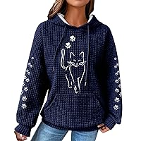 Women Waffle Knit Hoodies Cute Cat Printed Drawstring Pullover Sweatshirts Fashion Casual Sweaters Comfy Fall Clothes