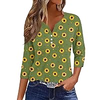 3/4 Sleeve Tops for Women Henley Floral Printing Button Tunic T Shirts Fashion V Neck Plus Sized Loose Fit Blouse