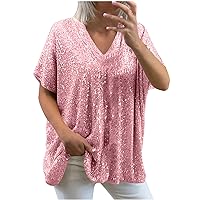 V Neck Sequin Shirts for Women Loose Fit Short Sleeve Summer Tops Casual Dressy Blouses 2024 Fashion Ladies Sparkly Tees