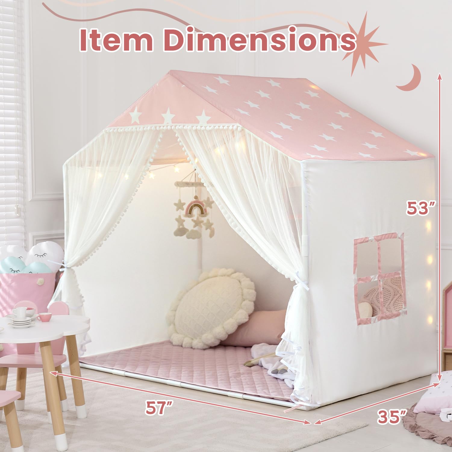 Kids Play Tent with Mat, Large Playhouse Tent with Pompoms Door Curtains, Children Play House for Girls Boys, Indoor Play Cottage (Pink)