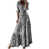 Women's 2023 Casual Waist-Defined Lace-Up Tiered Maxi Dress Plus Size 3/4 Sleeve Leopard Fashion Flowy A-Line Dress