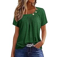 Summer Tops for Women Solid Color Button Neck Pleated Elegant T Shirts Trendy Short Sleeve Basic Blouse