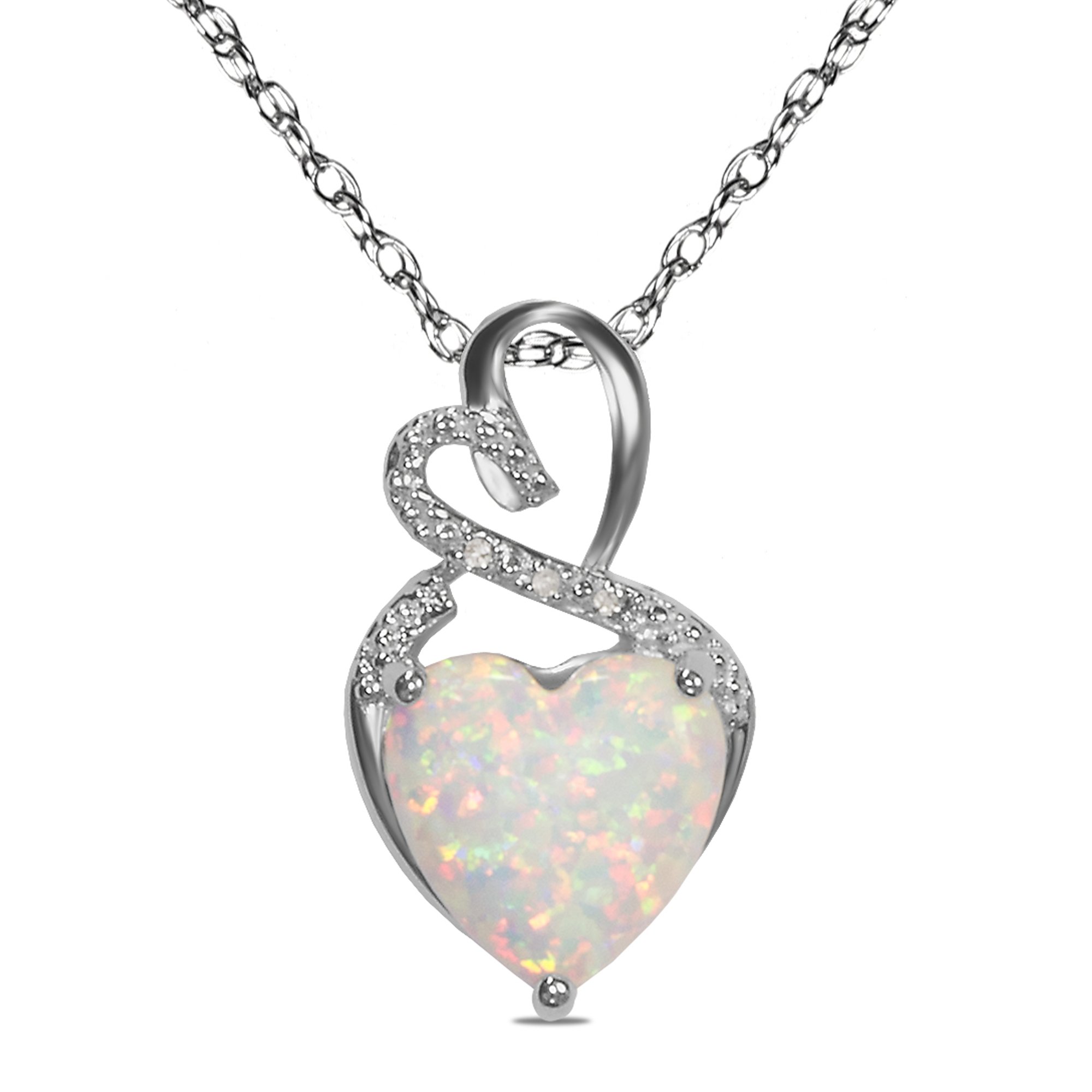 The Diamond Deal Lab-Created Opal Gemstone October Birthstone Heart and Diamond Accent Pendant Necklace Charm in 925 Sterling Silver