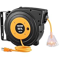 Retractable Extension Reel, 50 FT Heavy Duty 14AWG/3C SJTOW Power Cord with Lighted Triple Tap Outlet, 13 Amp Circuit Breaker, 180° Swivel Bracket for Ceiling or Wall Mount, UL Listed, Black