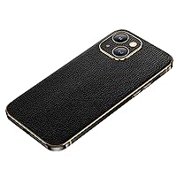 Genuine Leather Case for iPhone 14 Pro Max/14 Pro/14 Plus/14, Electroplated Ultra Thin Cover with Metal Edge Lens Full Coverage Protective Case,Black,14 Pro Max''